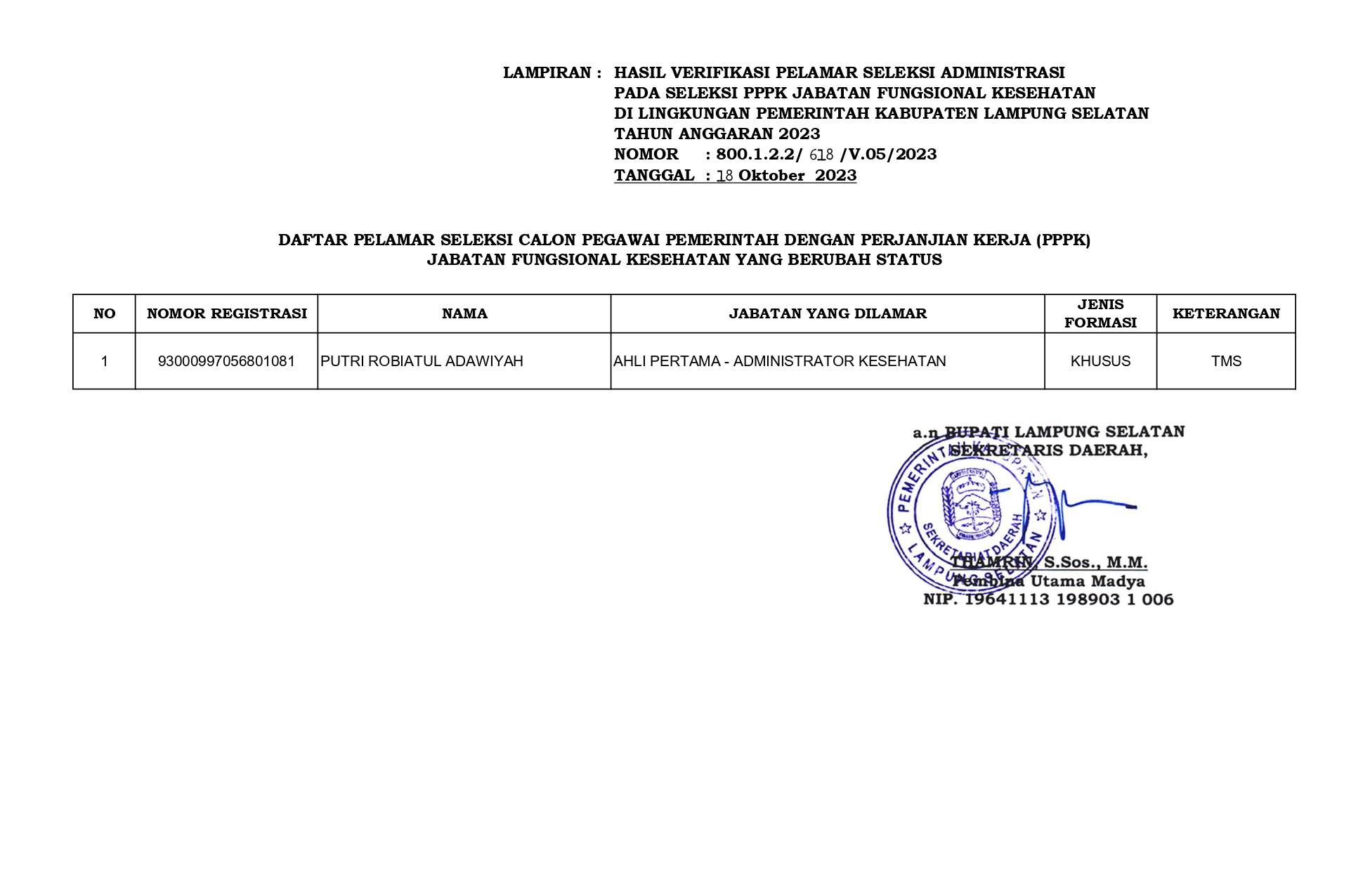 PENGUMUMAN HASIL VERIFIKASI PELAMAR SELEKSI ADMINISTRASI PADA SELEKSI ...